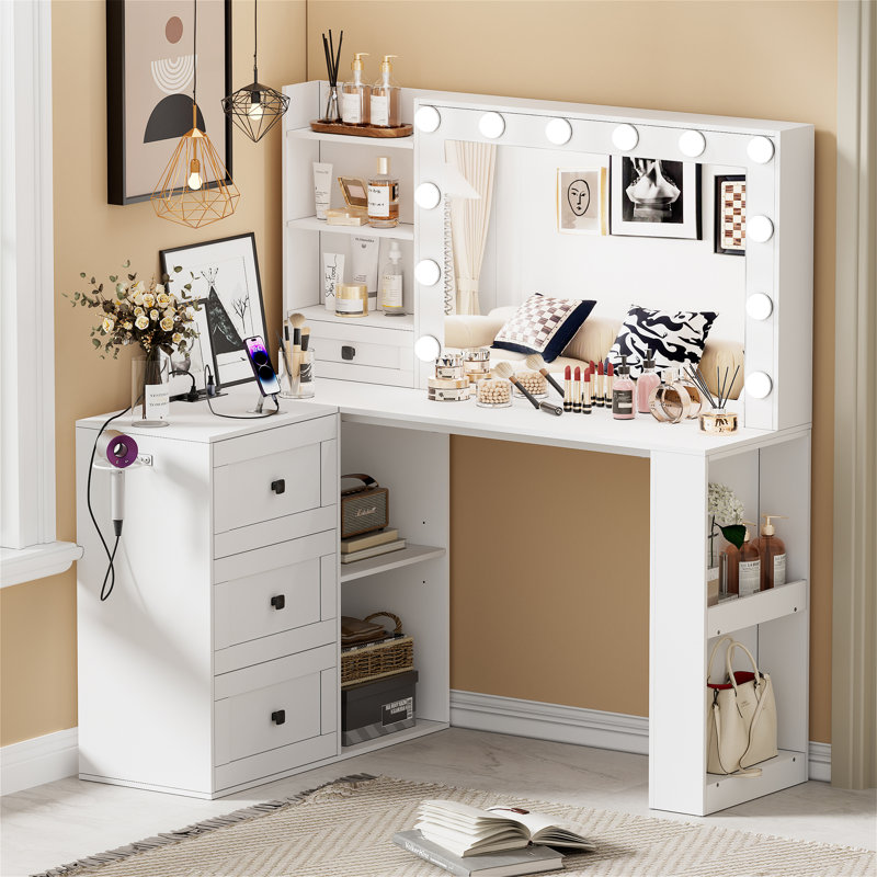 Everly Quinn Vanity Desk with Mirror and Lights Corner Makeup Table with 3 Color Lighting with Power Strip Reviews Wayfair